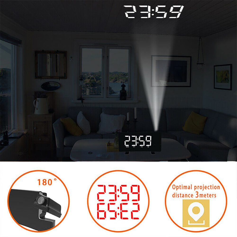 

Alarm Clock Multifunction Digital Projection Curved Screen USB Charging Loud Snooze Desk Radio FM Wake Up LED Display Portable