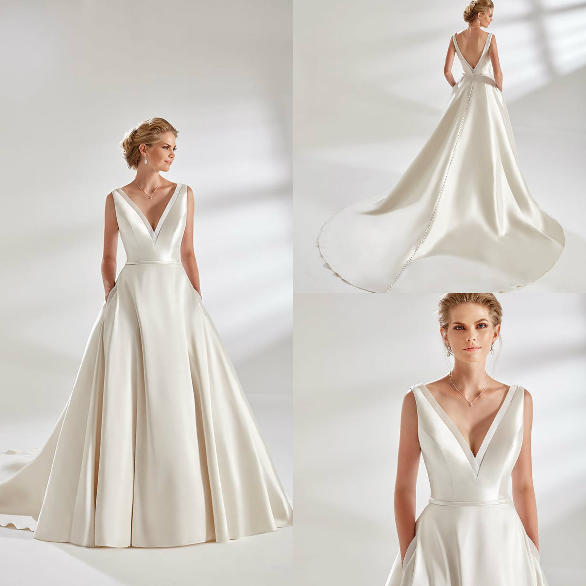 

2020 Eddy K Wedding Dresses With Pockets Deep V Neck A Line Satin Sweep Train Robe De Mariee Customize Bohemian Country Bridal Gowns, Khaki