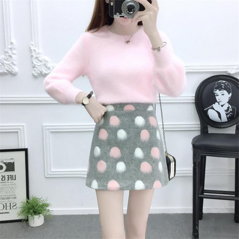 

Women 2020 Autumn Winter Long Sleeve Sweater + Polka Dot Skirt 2 Piece Set Female Knit Pullover And Woolen Mini Skirt Suit T274, Pink and blue