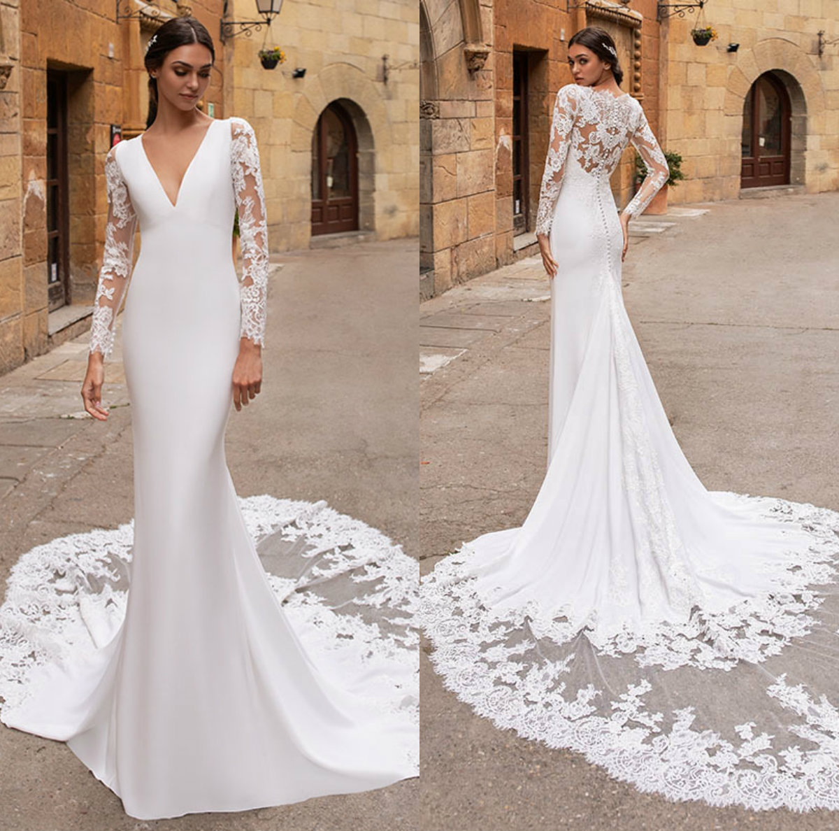 

Eddy K Vestido De Noiva Long Sleeves Mermaid Wedding Dresses V Neck Lace Appliques Satin Empire Wedding Gowns Boho Bridal Dress, Purple