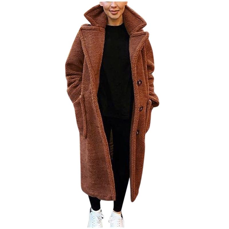 

Women Winter Suede Coat 2019 Fashion Teddy Bear Caramel Long Coat Female Long Sleeve Faux Fur Fluffy Outerwear With Pocke, Brown