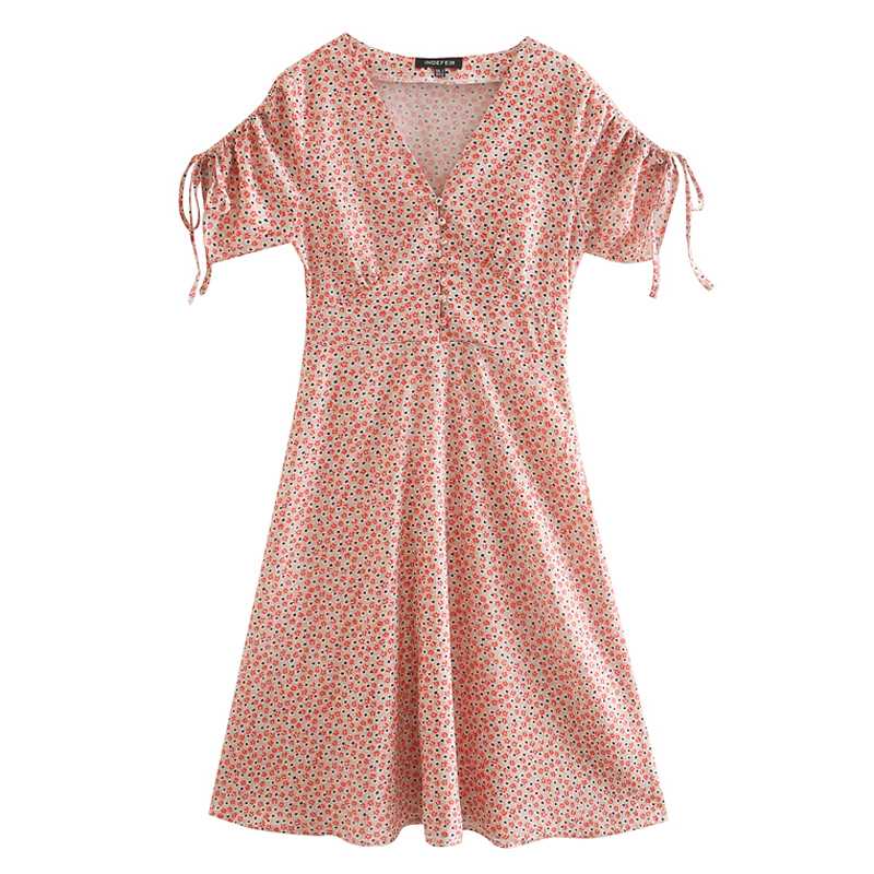 

Fandy Lokar Slim V Neck Dresses Women Fashion Printed Collected Waisted Dress Women Elegant Buttons Dresses Female Ladies, Hhdr6156 pink