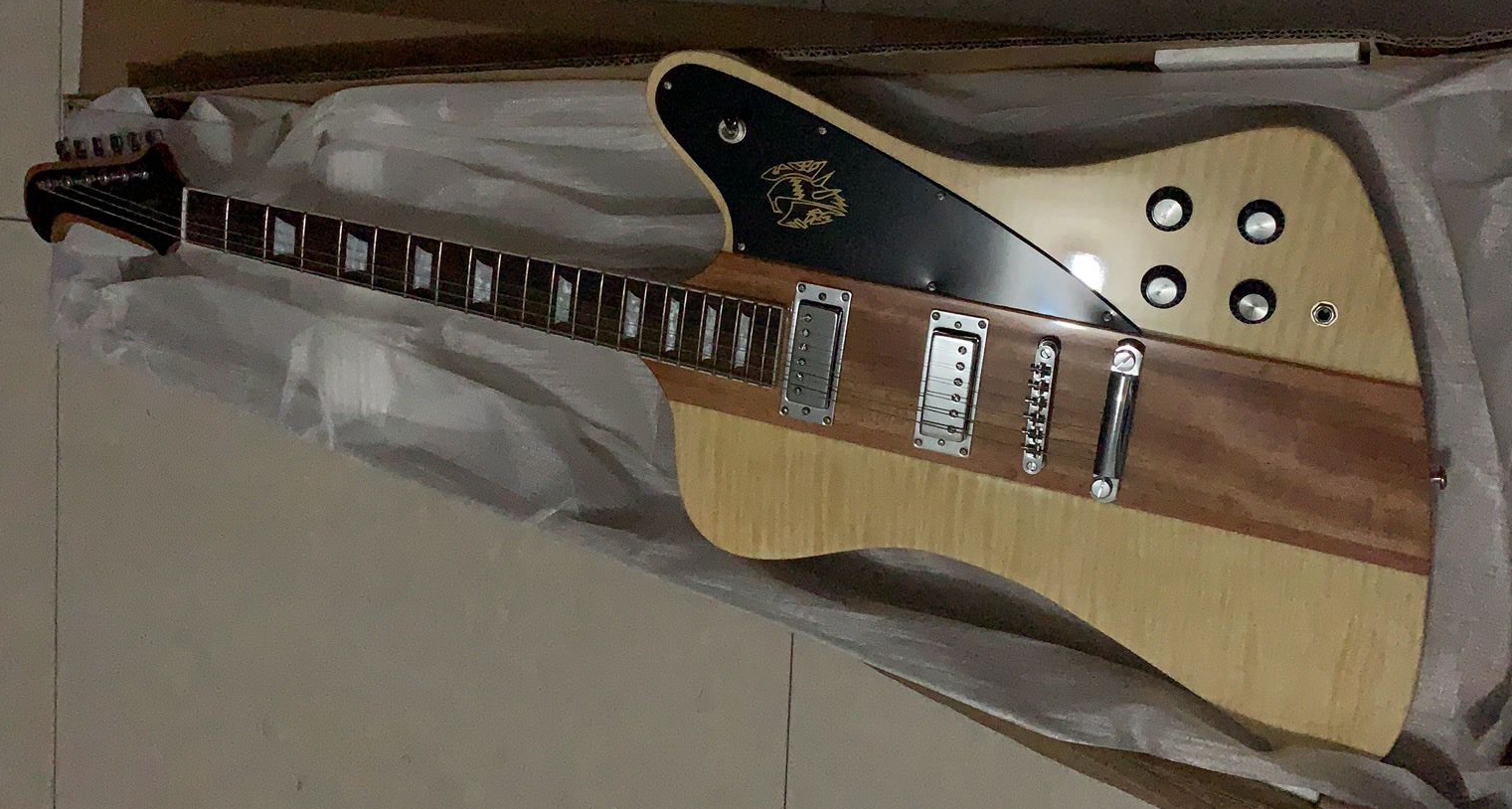 

Neck Through Body Fire Firebird Thunderbird Natural Flame Maple Top Electric Guitar Grover Tuners, 2 Mini Humbuckers, Reverse Headstock