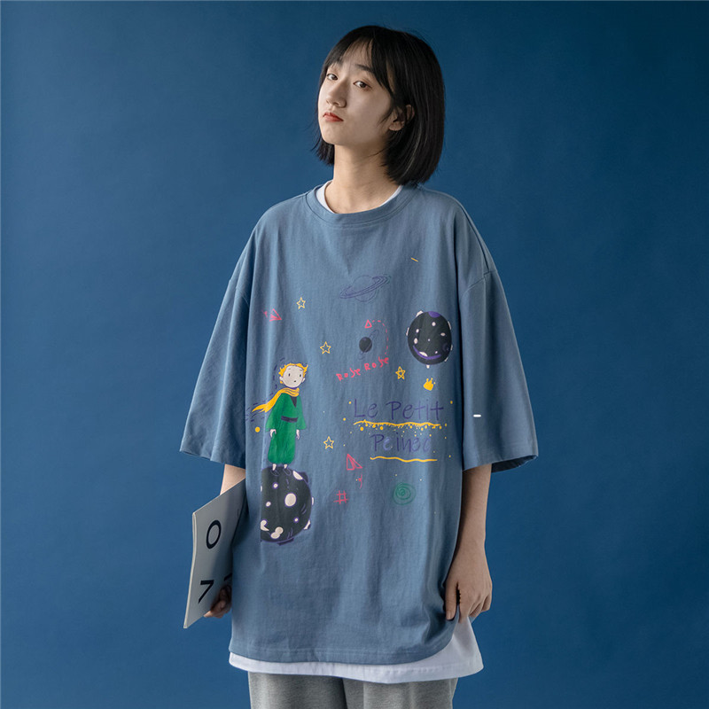 

2020 New The Little Prince Print T Shirt Summer Women Short Sleeves T-Shirts O Neck Le Petit Peinec Printed Students Tops Shirts, Blue