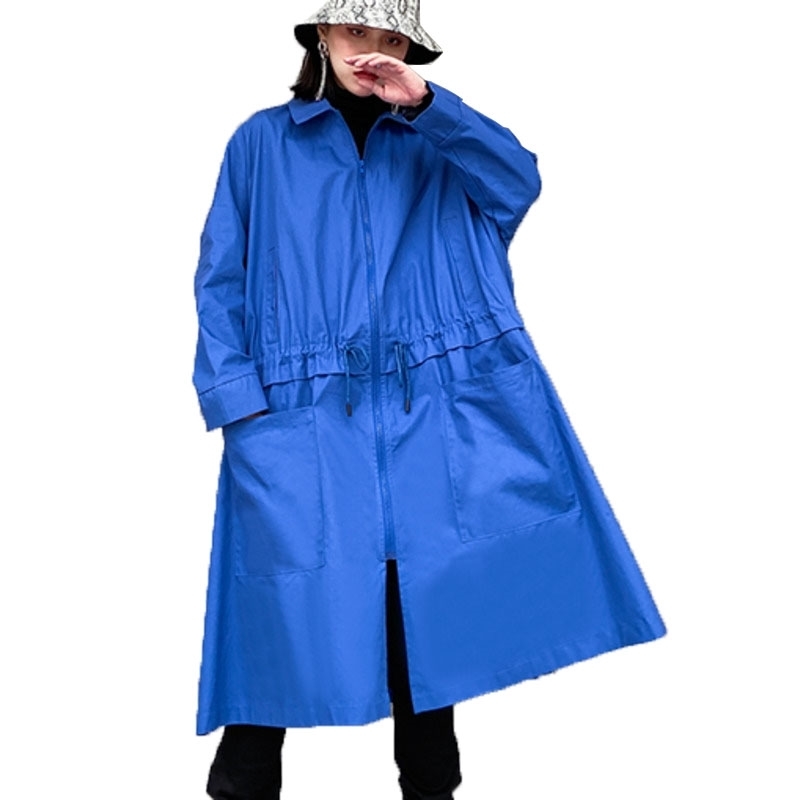 

Vefadisa Solid Blue Women Trench Coat 2020 Spring Zipper Drawstring Waist Coat Loose Skirt Trench Oversize Overcoat QYF1948
