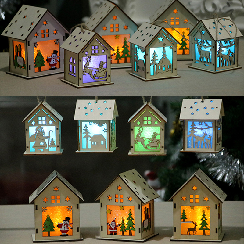 

Christmas Festival Decorative LED Light Wood House Christmas Tree Hanging Ornaments Holiday Xmas Gift Home Window Decoration 4