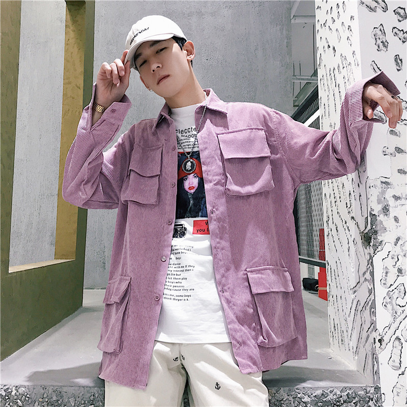 

2019 Summer Chinese Version Of The Campus Style Fashion Trend Casual Couple Men's Long-sleeved Multi-pocket Shirt Loose, Purple
