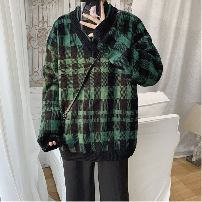 

2020 Autumn And Winter New Plaid Loose V-neck Sweater Men's Fashion Casual Long-sleeved Pullover Green / Yellow -2XL