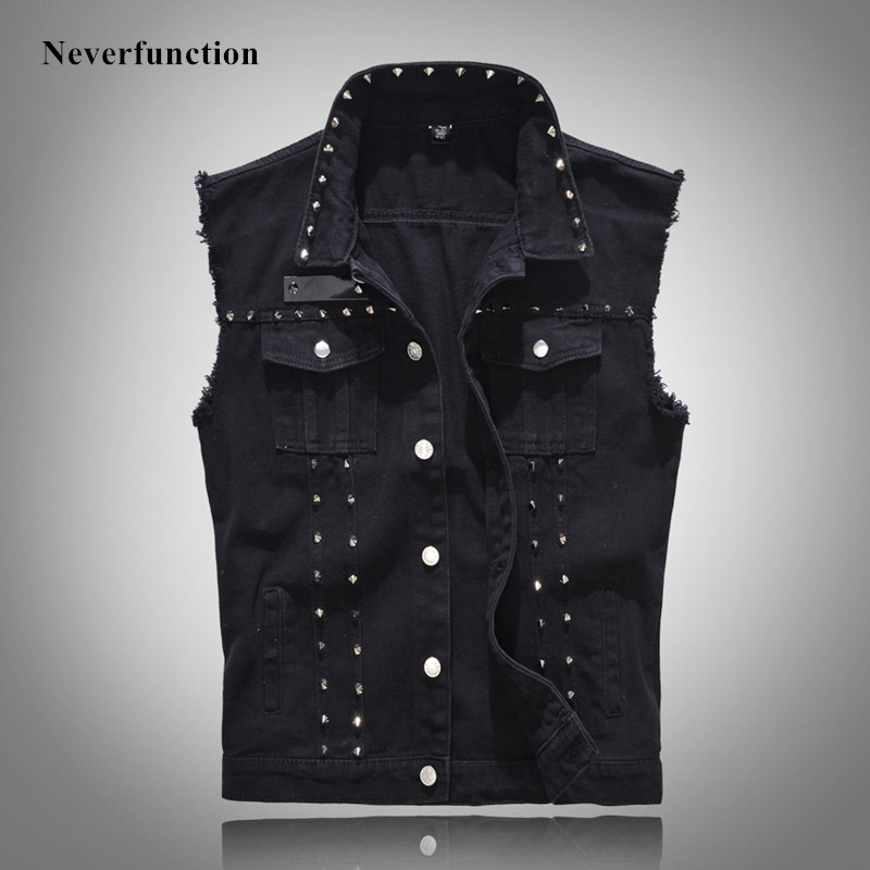 

Men Fashion Vintage Metal rivet Punk motorcycle Sleeveless Jeans JacketsMale Casual Slim fit black Denim Vests Plus Size 4XL 5XL, 7010 black