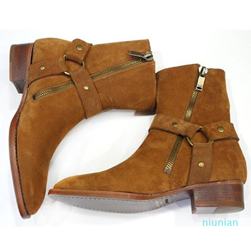 Hot Vente- Bottes Hommes Chaussures Hommes Boucle Toe Pointu Bottes en cuir brun hommes chausseurs Botas Militares Chaussures Homme