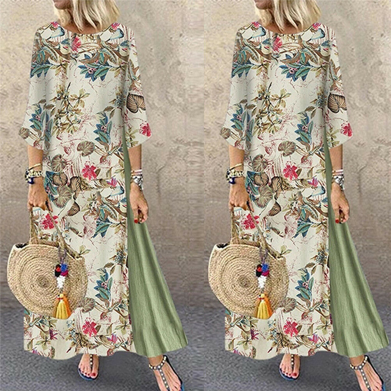

Womens Maxi Beach Dress Summer Half Sleeve Casual Boho Kaftan Tunic Gypsy Ethnic Style Floral Print Plus Size Dresses S-5XL, Beige