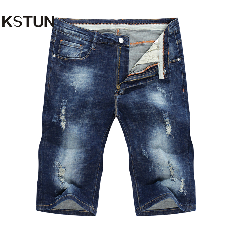 

Short Jeans for Men Stretch Ripped Jeans Shorts Fashion Casual High Quality Slim Straight Elastic Denim Shorts Male homme, Blue