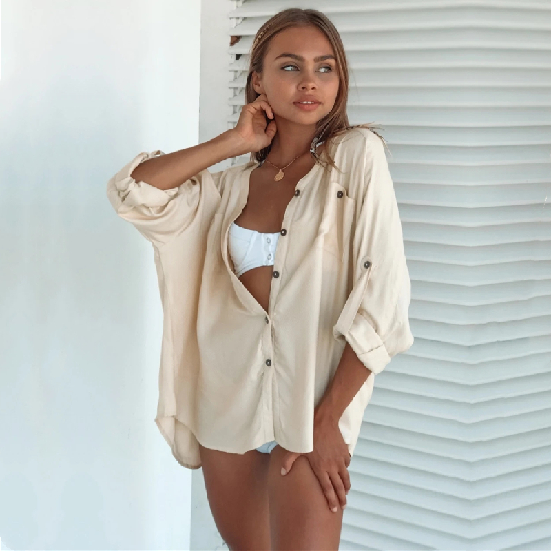 

Bikini Cover-Ups Elegant Hollow Out Deep V-neck Summer Beach Tops White Cotton Tunic Women Beach Wear Swim Suit Cover Up Q1083