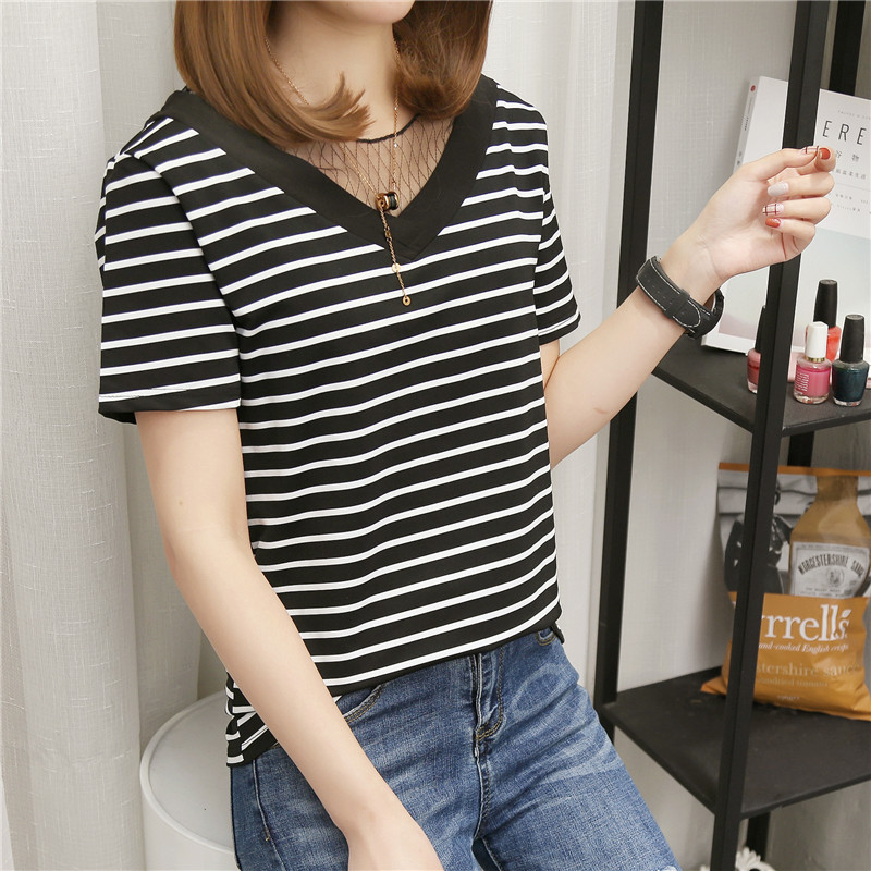 

V neck t shirt women kpop korean style clothes mesh top striped losse tops 2020 summer lace tshirt ropa mujer t-shirt camisetas, Black stripes