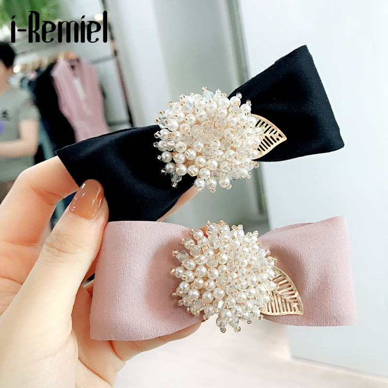 

i-Remiel Fashion Hairpin Leather Pearl Hairpin Clip for Women New Bow Crystal Spring Clips Wedding Head Jewelry Hair Accessories