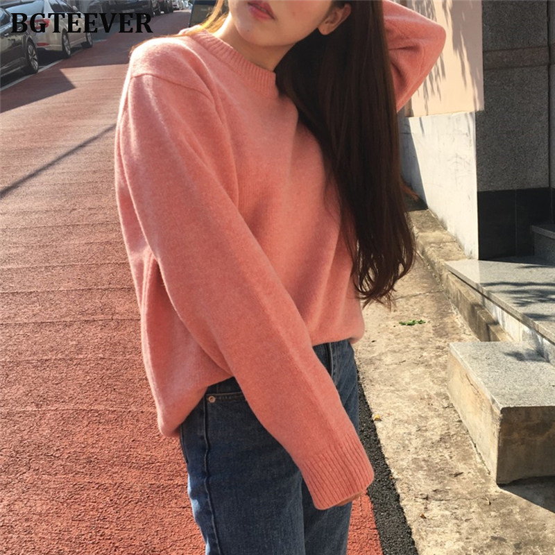 

BGTEEVER O-neck Solid Women Pullover Sweater Autumn Winter Long Sleeve Female Sweater Casual Streetwear Loose Jumper, Green