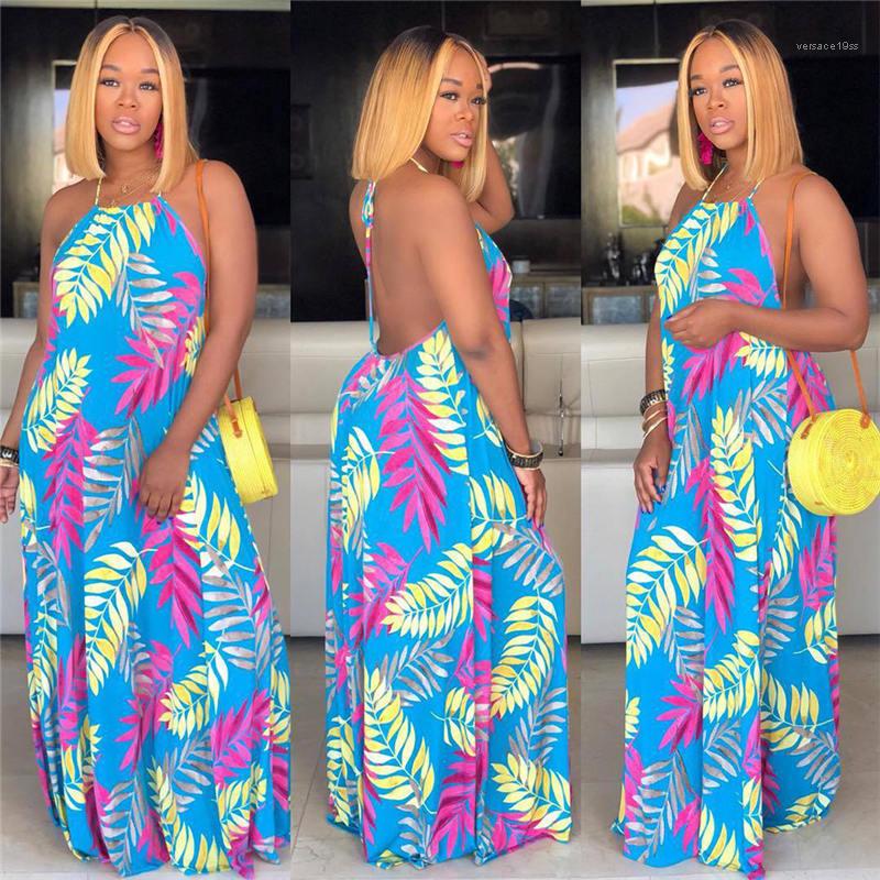 

Summer Bohemian Loose Plus Size Dresses Vestidos with Head Scarf Open Back Maxi Dress Women Floral Print Halter Neck Sleeveless