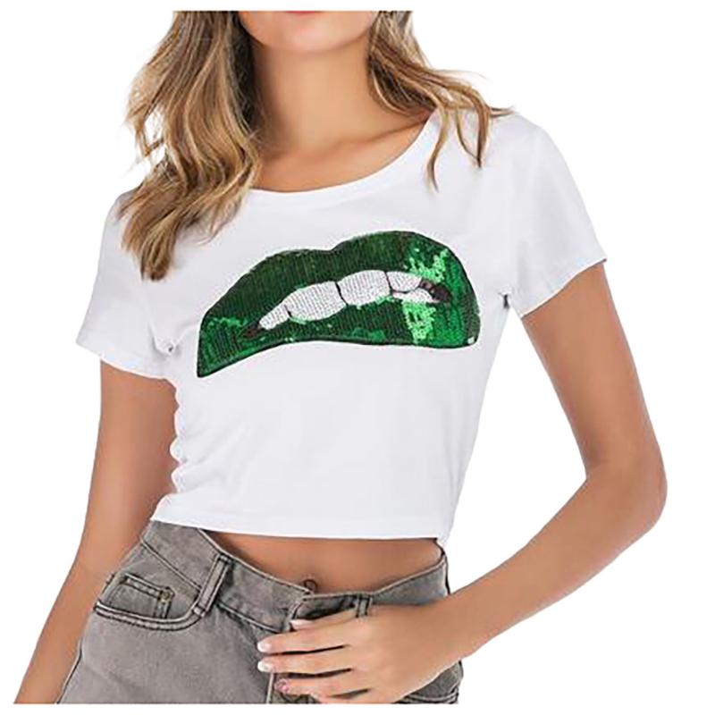 

Casual T-shirt Women Short-sleeved Sequins Lips Printing Casual Summer Beach Sports Tshirt Plus Size Yoga Gym Fitness Tee Top, White