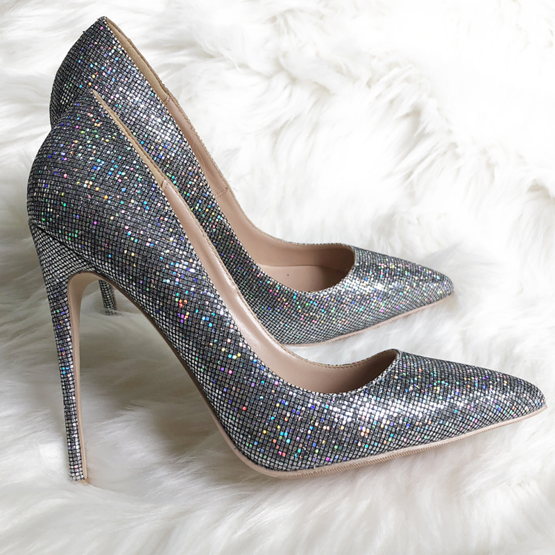 

Free Shipping women lady 2019 fashion Multi silver Glitter Sequins Poined Toes Wedding heels Stiletto High Heels shoes pumps 12cm 120mm, 8cm