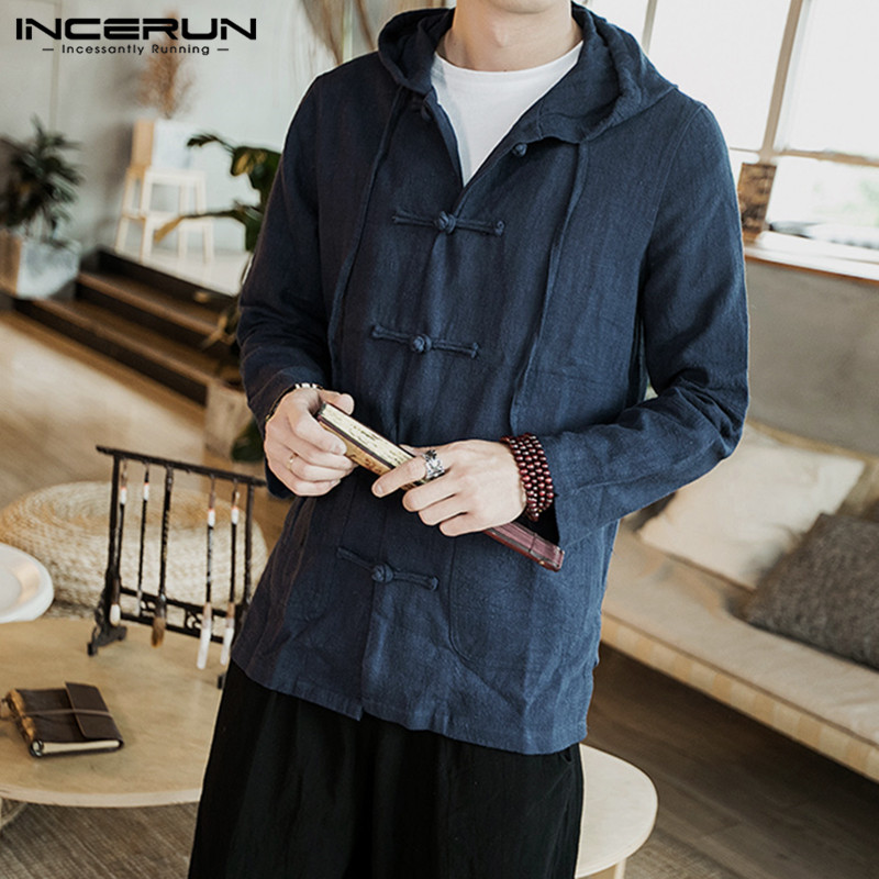 

INCERUN Chinese Style Men Solid Color Long Sleeve Casual Hooded Shirt Jackets Fashion Joker Buckle Cotton Men Blouse Hoodies, Black
