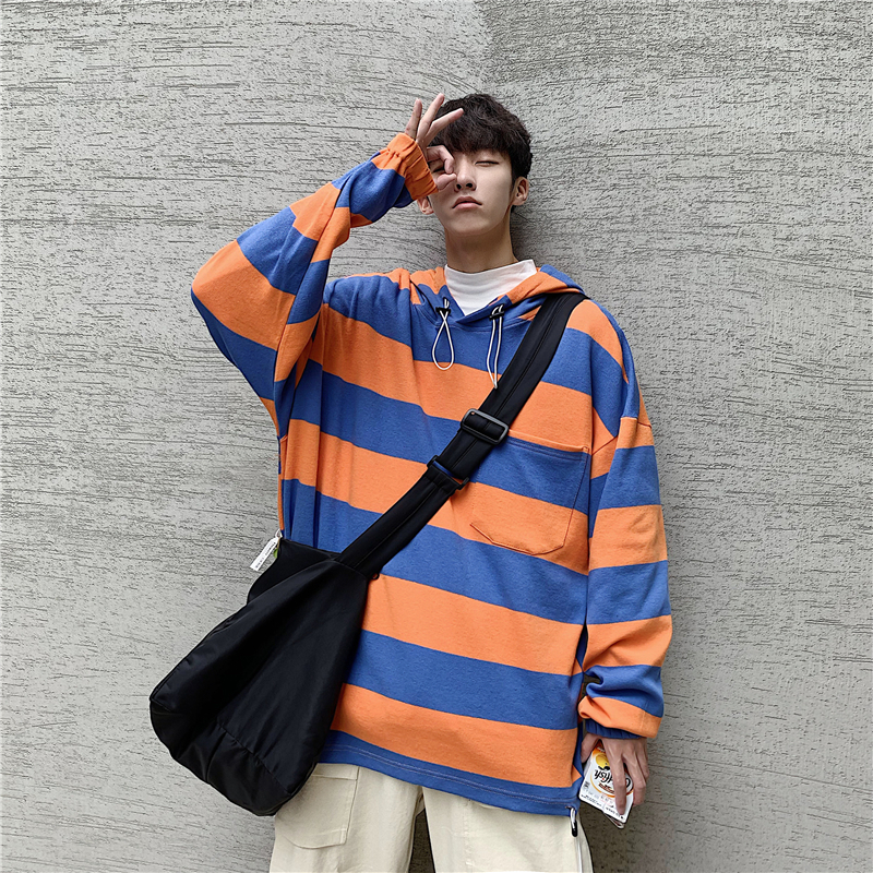 

2019 Spring And Autumn New Youth Men' Fashion Casual Striped Hooded Sweatshirt Loose Cotton Pullover Orange / Mint -2XL