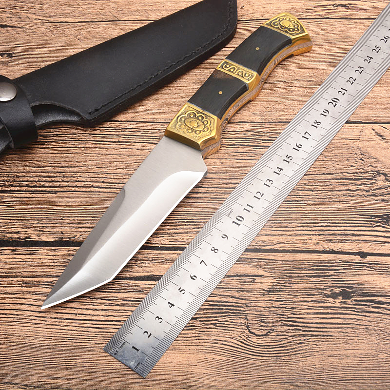 

New Fixed Blade Survival Straight Knife 440C Satin Tanto Blade Full Tang Wood & Steel Handle With Leather Sheath
