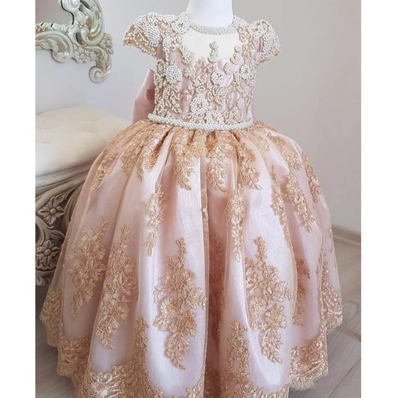 

New Pink Girls Dresses Champagne Lace Pearls with Big Bow O Neck Baby Girls Birthday Party Dress Pageant Gown for Ceremony