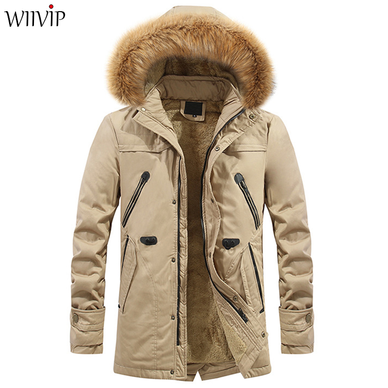 

2019 New Man Fashion Warm Cotton Blend Full Sleeve Hooded With Fur Thick Ling Zipper Long Solid Outerwear Parka Coat 1435, Black