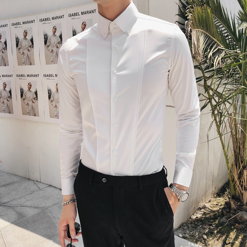 

British Style White Shirt Men Fashion 2020 Spring Long Sleeve Club Tuxedo Dress Slim Fit All Match Wedding Groom Shirts Male 3XL, Black