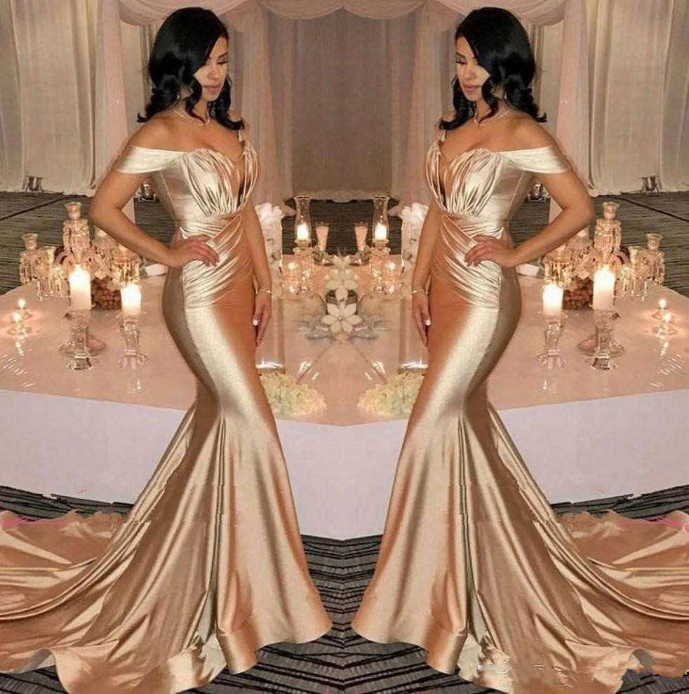 

Champagne Mermaid Evening Dresses 2019 Sexy Off Shoulder Pleats Satin Court Train Dubai Formal Party Celebrity Prom Gowns 72, Dark navy