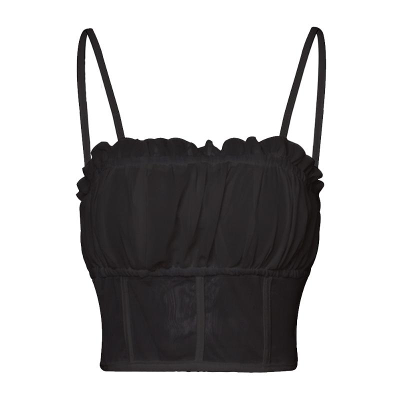 

1PC Sexy Female Vest Gauze Suspenders Vest Stylish Sleeveless Tank Top Splice Edges Top Clothes Summer Short for Women, Black