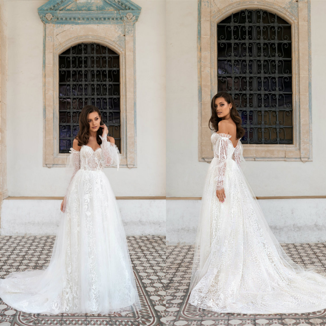 

2021 Lace Wedding Dresses Sweetheart Long Sleeves Appliques Bridal Gowns Lace-up Back Sweep Train A Line Wedding Dress Robe De Mariee, Champagne