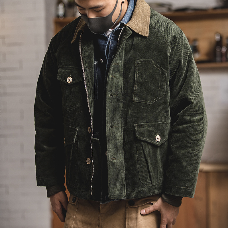 

Suit, American Vintage Corduroy Suit Jacket, Autumn and Winter, Ami Khaki Multi-pocket Stitching Coat Man, Blackish green