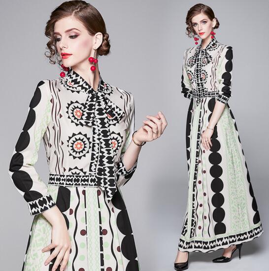 

Europe and America Explosion Style Fashion Print Long Sleeve Slim Long Swing Dress, As the picture