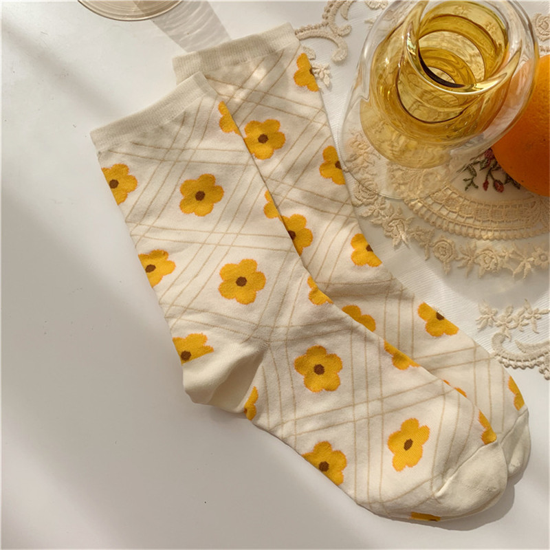 

New Floral Socks Women Fashion Long Socks Ankle Summer Thin Plaid Funny Girls Streetwear Calcetines Dress, Yellow
