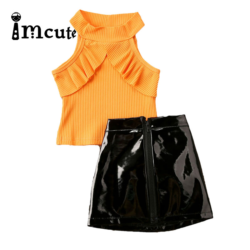

Imcute 2020 Toddler Kids Baby Girls Ruffle Sleeveless Tank Tops + Zipper PU Leather Skirt Dress Outfits Set Clothes, Orange
