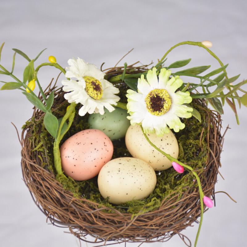 

Happy Easter Party Ornament Rattan Weaving Artificial Birds Nest Simulation Eggs Model For Home Home Decoration Photography Prop, As shown