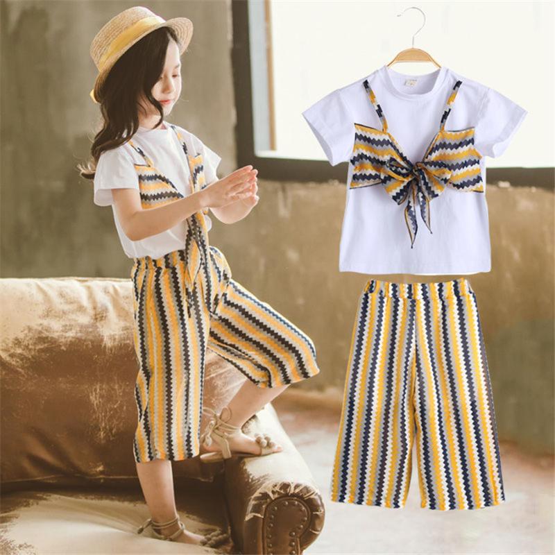 

Kids Clothes Summer Sets Fashion T-shirt +Striped pant 2 Pcs Casual Set For Girls Teenage Clothing Outfits, As picture