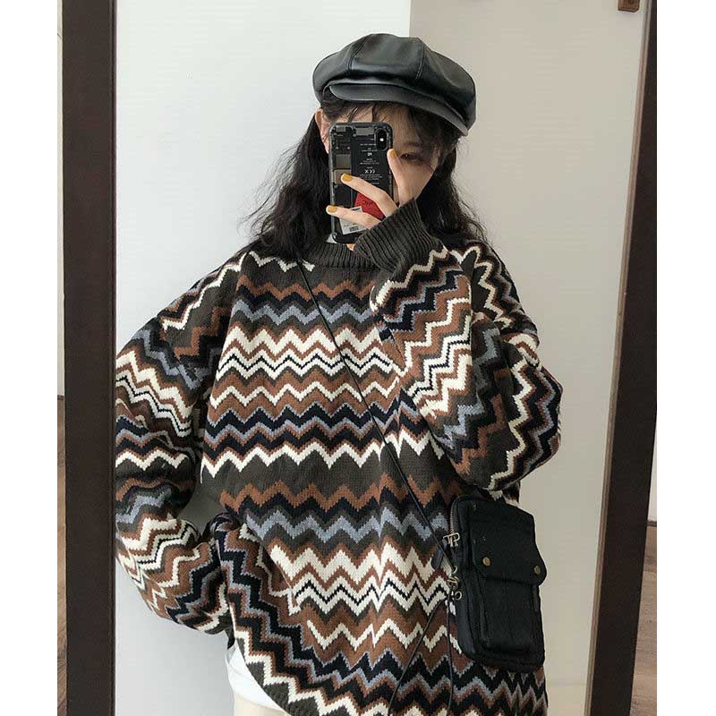 

NiceMix Wavy striped sweater 2020 autumn new O-collar student loose lazy head color wavy striped sweater coat women's, Gray