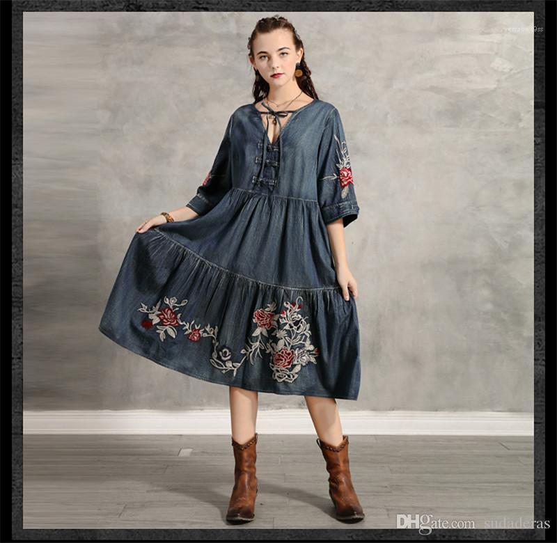 

Fashion Embroidery Loose Dresses Casual Womens Vintage Clothing Designer Womens Dress, Blue