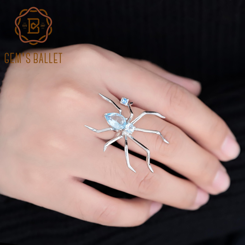 

GEM'S BALLET Spider Shape Natural Sky Blue Topaz Ring 925 Sterling Silver Gemstone Animal Punk Rings For Women Party Funny Gifts CJ191205