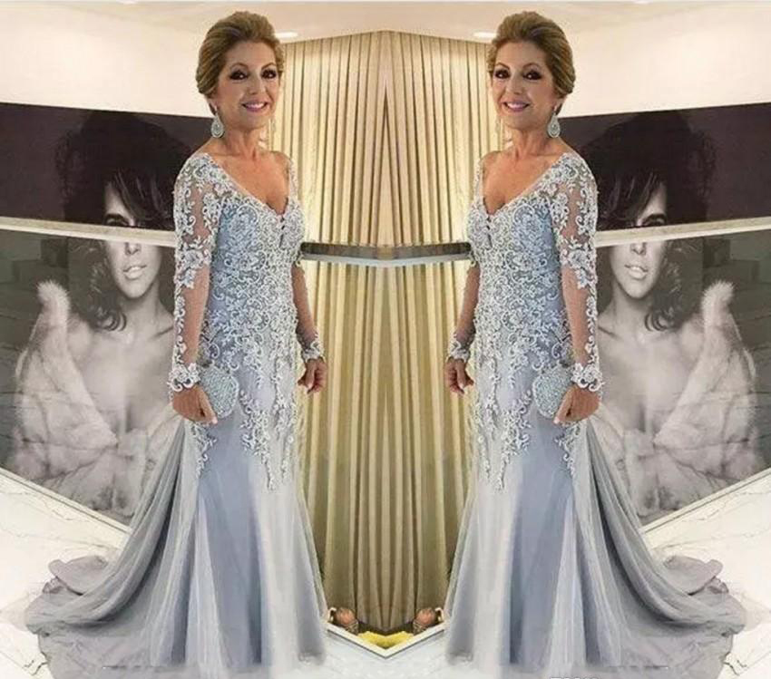 

Elegant Long Sleeves Mother of the Bride Dresses 2019 V Neck Formal Groom Godmother Evening Wedding Party Guests Gown Plus Size Custom Made