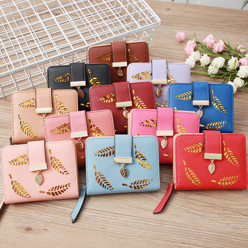 

New Design Women Golden Leaf Zipper Wallet PU Leather Mini Purses Card Holder Wallets Coin Pouches Cash Pocket Girls Handbag, 11 colors for choice