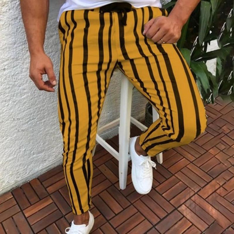 

Casual Men Vertical Stripes Print Elastic Waistband Pockets Long Skinny Pants, Blue