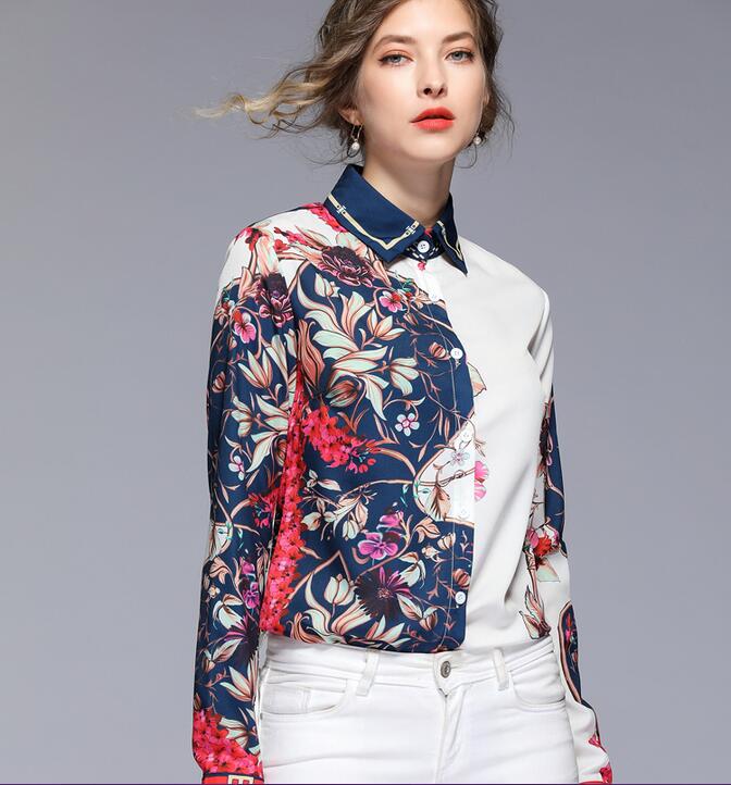 

Floral Print one side Button Detail Long Sleeve blouses lapel neck fashion chiffon shirts women shirts spring summer ladies blouses, Multi