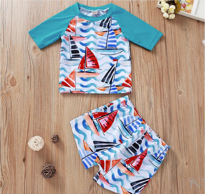 

Baby Beach Sailing Boat Print Short Sleeve T-Shirt and Short Pant Swim Suit Set Boy O-Neck Tops and Trousers Swimwear Suit Two Pieces ZHT339, As picture