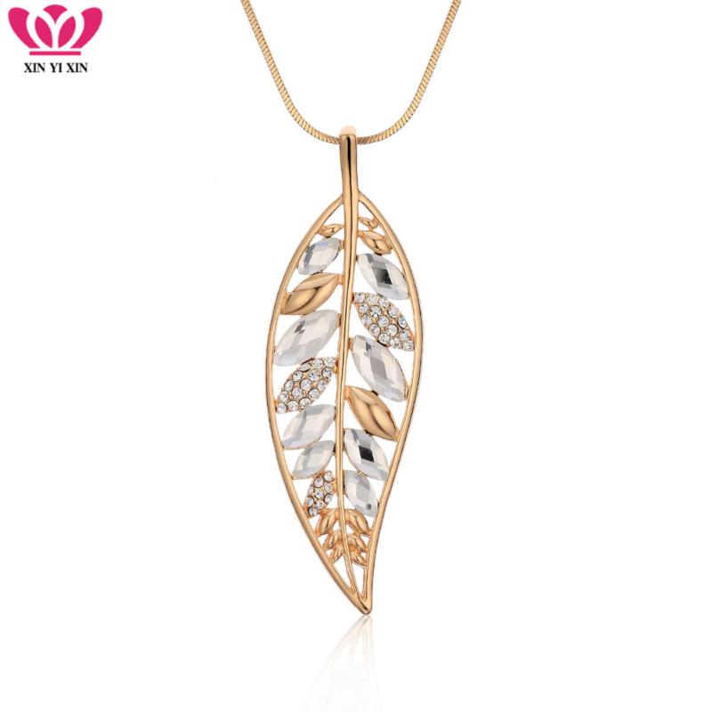 

Pendant Necklaces Big Crystal Feather & Pendants Women Fashion Gold Silver Leaf Long Sweater Necklace For Her Gift Wholesale 2021