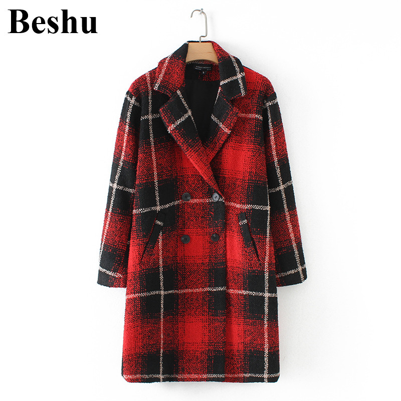 

2019 fashion woolen coats women vintage red plaid warm stylish lapel double-breasted jacket casual loose elegant woolen coats