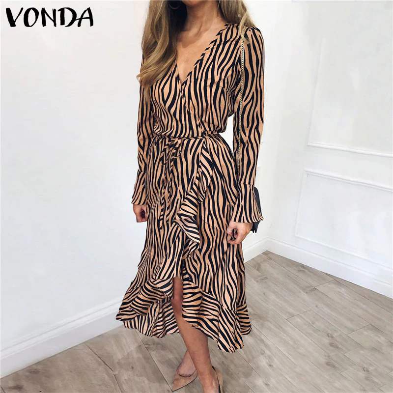 

VONDA Women Dress V Neck Long Flare Sleeve Maxi Long Dress 2020 Summer Striped Printed Sundress Casual Loose Vestidos Plus Size, White