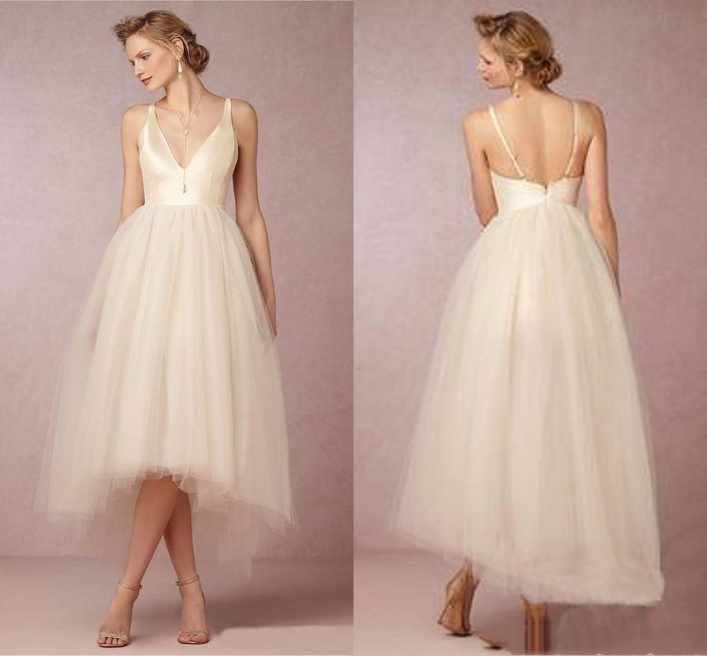

Simple Beach Evening Dresses Plunging Neckline Sleeveless Gowns With Tiered Tulle Ruffle Tea-Length Bridal Gown, Gold